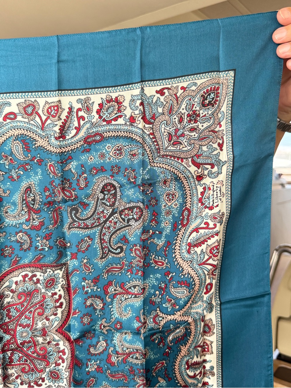 Liberty of London Teal Paisley Silk Scarf with Red and Cream Accents - Picture 2 of 6